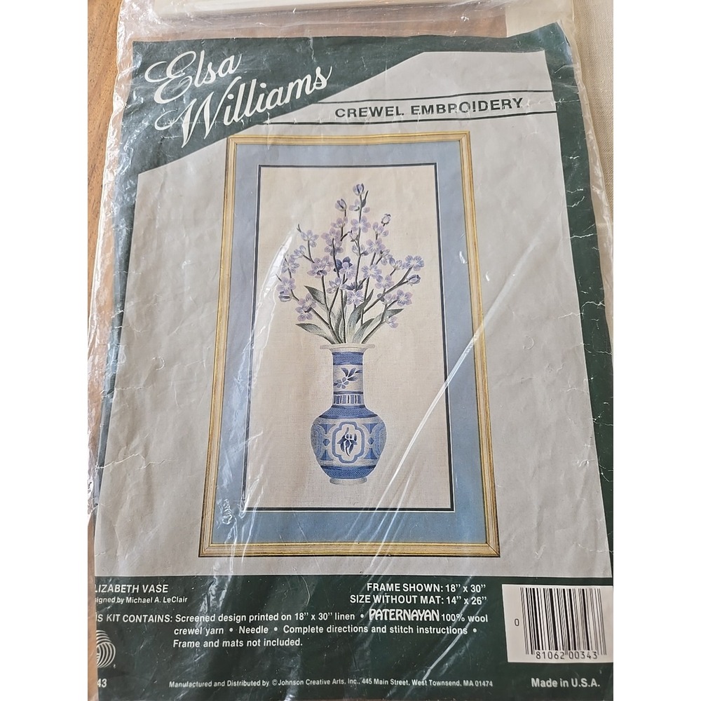 Elsa Williams Vintage Crewel Embroidery Elizabeth Vase Floral Linen Pattern